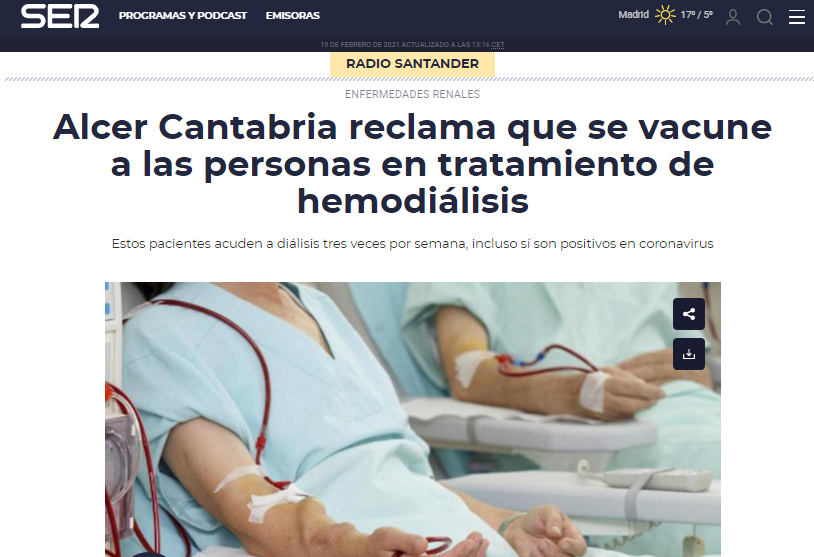 Reclamamos la vacunación de personas en HD en la Cadena SER